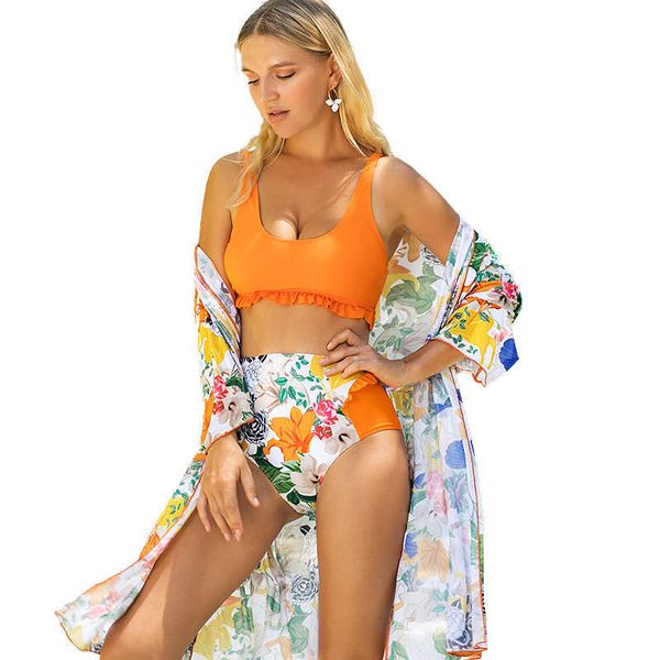 Damen-Bikini mit quadratischem Ausschnitt, bedruckt, hoher Taille, Damen-Badeanzug und Badeanzug-Überzug für Damen und Erwachsene, Sommer-Orange