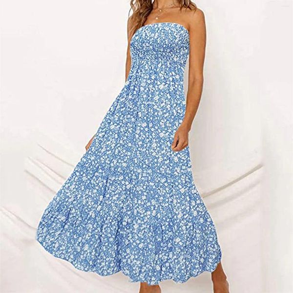 Abiti casual Estate elegante abito con stampa floreale azzurro cielo per donna Vintage senza maniche con volant Swing Beach Maxi a strati Midi