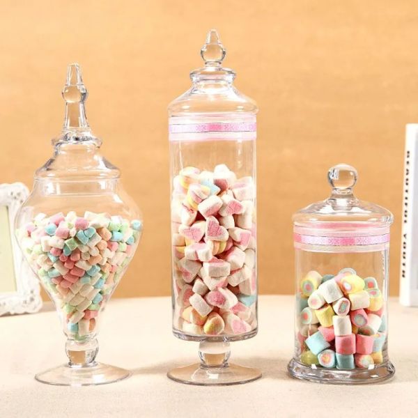 Barattoli Barattoli da farmacia in vetro trasparente con coperchio Vaso decorativo con piede Contenitori per buffet di caramelle Bottiglie di stoccaggio