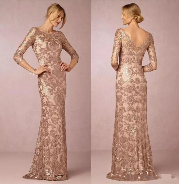 2020 Novo Bling Rose Gold Lantejoulas Mãe da Noiva Vestidos Jewel Lace Apliques V Back Evening Party Dress Formal Wedding Guest8144724