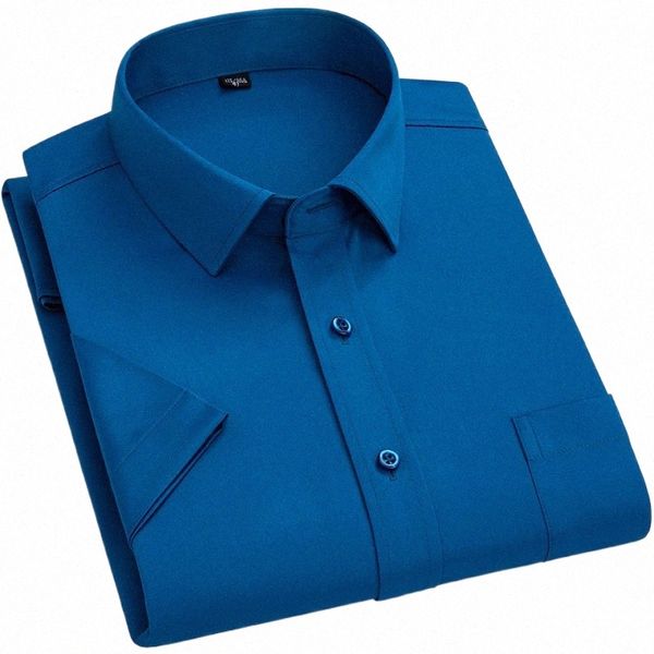 Camicia da uomo elasticizzata a maniche corte da uomo Estate Nuova camicia formale da lavoro sociale da lavoro Blu Bianco Nero Camicia casual intelligente di facile manutenzione 116v #