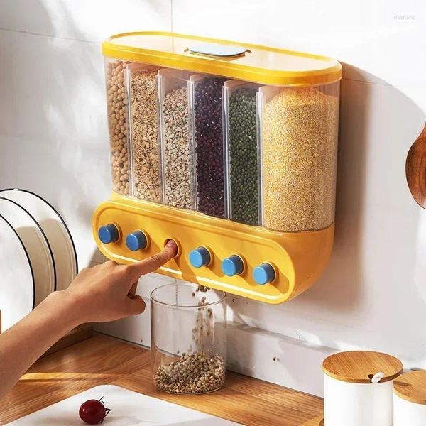 Bottiglie di stoccaggio Contenitori da cucina 6 Griglie Dispenser per cereali Scatola per cereali sigillata a parete Lattina per alimenti