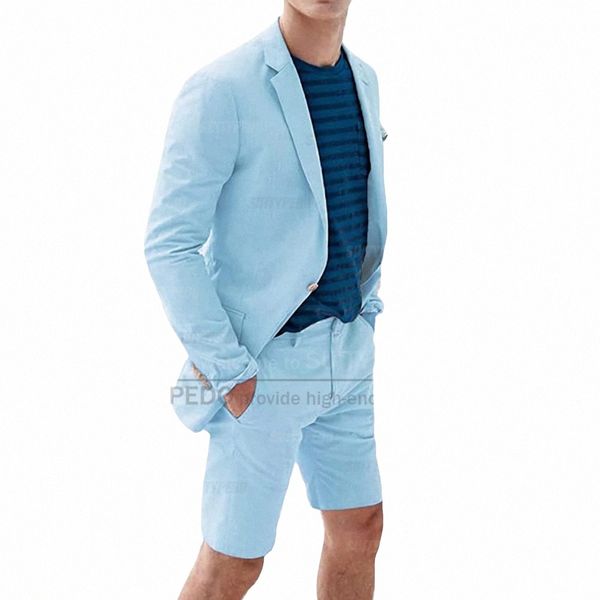 2023 Homens Terno de Linho 2 Peças Casual Slim Fit Terno Blazer Shorts Set New Formal Beach Prom Wedding Smoking para Groomsmen Best Man y8uZ #