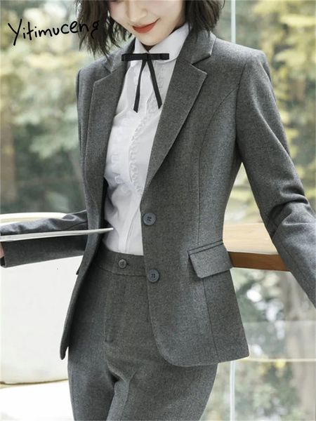 Yitimuceng Büro-Damen-Hosenanzüge für Frauen, langärmelig, einreihig, schlanker formeller Blazer, 2-teiliges Set 240327