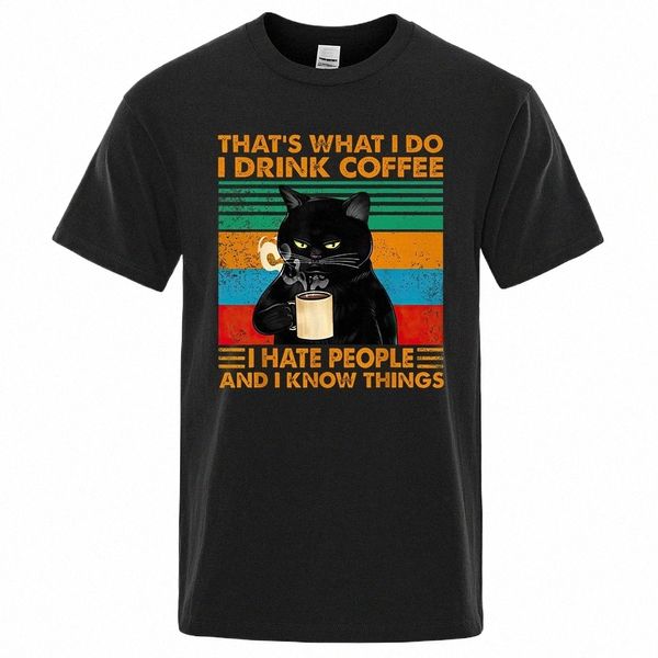 Kaffee schwarze Katze lustige T-Shirt Männer Sommer Cott Kurzarm Herren T-Shirt Hip Hop Casual Tops übergroße atmungsaktive T-Shirt K8XC #