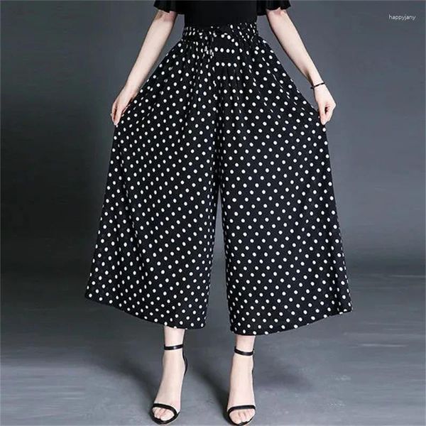 Calças femininas moda cintura alta polka-dot perna larga mulheres crianças soltas plus size 4xl verão chiffon casual nove pontos calças