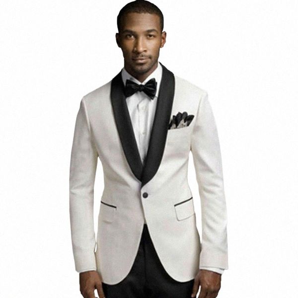 Abiti da uomo avorio da sposa Slim Fit Smoking Terno Abbigliamento da sposo 2 pezzi Giacca + pantaloni Abiti da birdegroom Costume Homme Blazer Best Man u6PG #