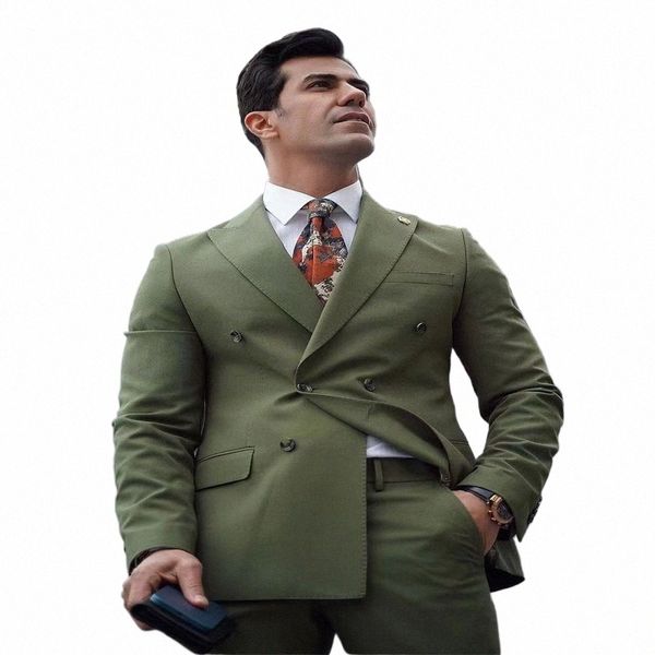 Terno de casamento noivo moderno exército verde duplo breasted homens ocidental ajuste 2 peças personalizado smoking homme busin casual cavalheiro define b6gt #