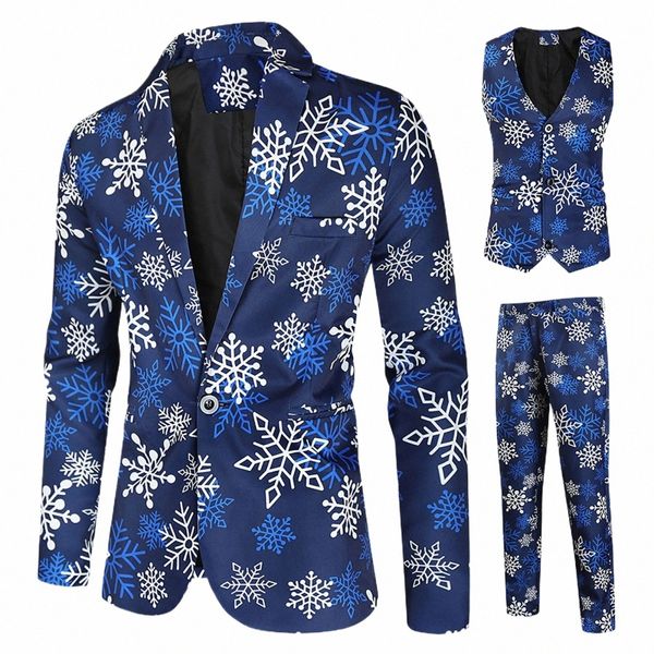 2023 Novos Homens Terno 3 Peça Festa de Natal Prom Floco de Neve Impresso Mens Ternos Casuais Define Jaqueta Colete Calças Plus Size K3qR #