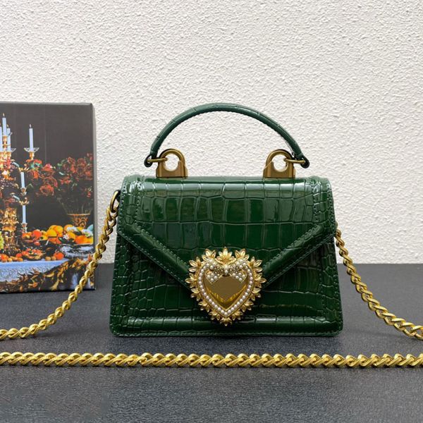 Designer de luxo sacola de alta qualidade couro genuíno crocodilo padrão corrente bolsa de ombro moda metal coração arco mini cruz corpo saco das mulheres bolsa verde