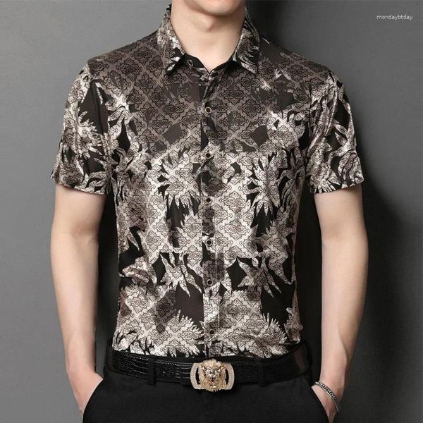 Camisas Casuais Masculinas Verão Tendência Da Moda De Manga Curta Jovens E De Meia-idade Impresso Colar Quadrado