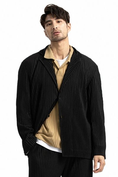 Miyake Плиссированная куртка Мужской пиджак Черные костюмы для мужчин Эластичная ткань Slim Fit Пальто Высокое качество Повседневные пиджаки в японском стиле R0Qn #