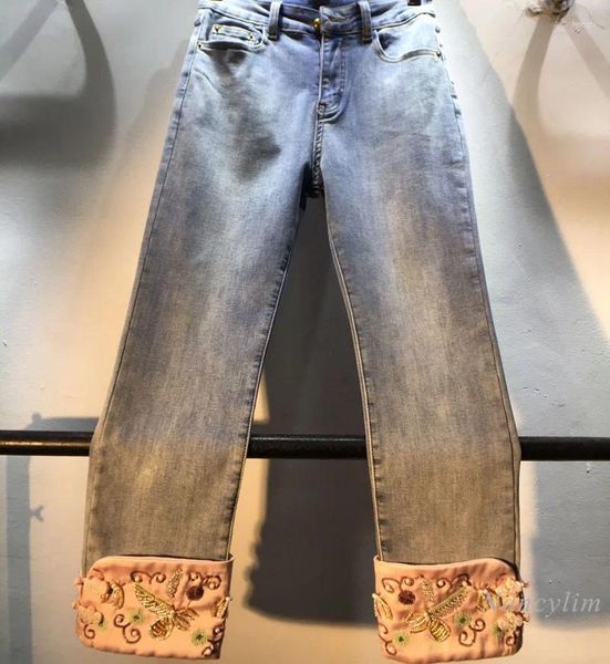 Frauen Jeans Chinesischen Stil Patchwork Frau Herbst Winter Perlen Pailletten Satin Hohe Taille Abnehmen Stretch Dicke Hosen