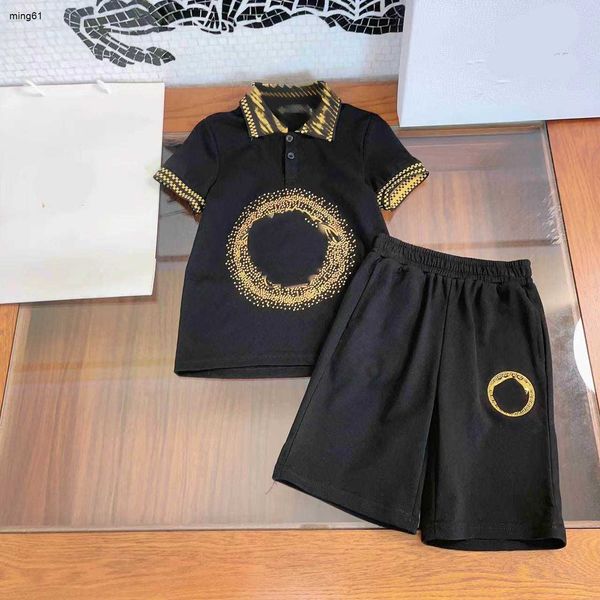 Marca crianças roupas de grife bebê fatos de treino verão terno tamanho 110-160 cm ouro lantejoulas tecido padrão camisa polo e shorts 24mar