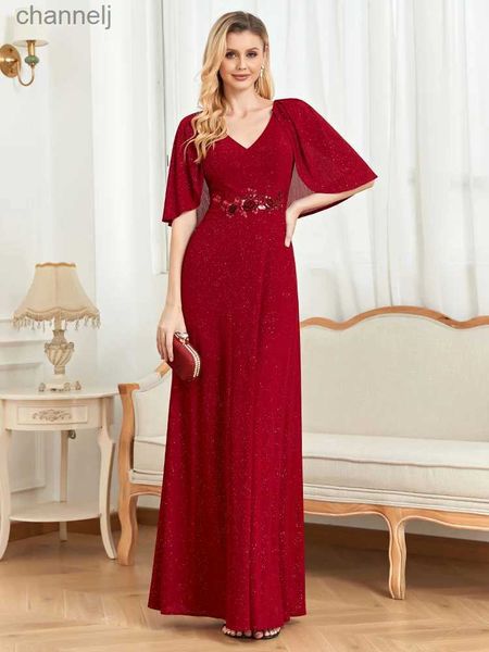 Urban Sexy Dresses Lucyinlove Elegantes rotes glänzendes V-Ausschnitt-formales Abendkleid 2024 Damen mit kurzen Ärmeln Meerjungfrau Hochzeit Lange Kleider yq240327