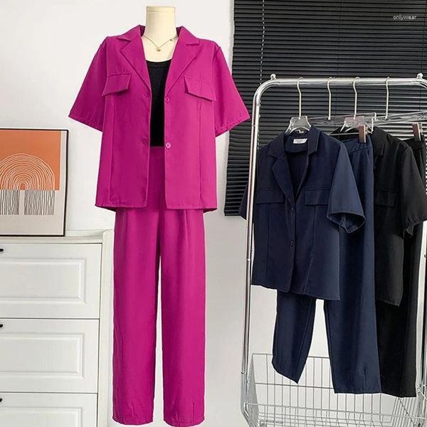Calças femininas de duas peças 2024 primavera moda coreana conjunto mulheres manga curta blusa solta casaco cintura alta roupa elástica