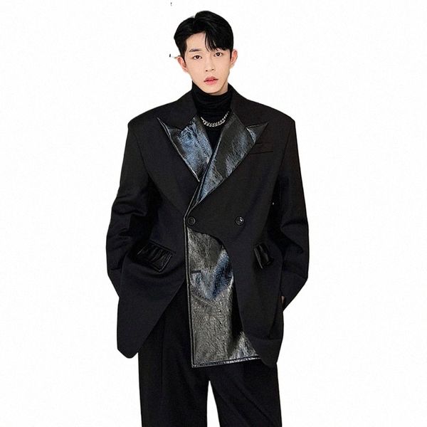 Luzhen elegante assimétrico couro emenda original solto casual blazer jaqueta masculina alta rua na moda nicho design casaco 64bc30 j05P #