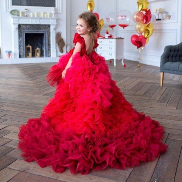 Flor vermelha vestido da menina manga curta inchado em camadas applique oneck vestidos de princesa para casamento crianças festa aniversário vestido de baile 240312