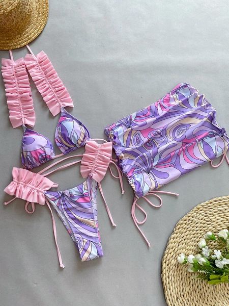 Женский купальник, сексуальный бикини с рюшами и складками, женская фиолетовая юбка с цветочным принтом, саронг, купальник из 3 предметов, 2024, купальный костюм, стринги
