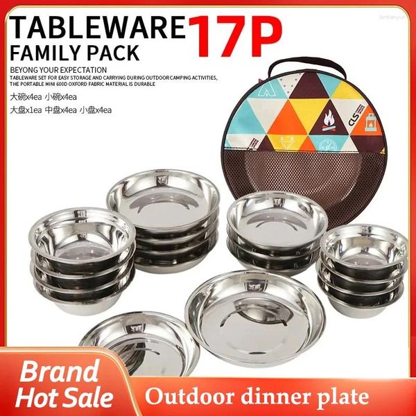 Conjuntos de panelas 22/17 unidades / conjunto Conjunto de placas de aço inoxidável para acampamento, churrasco, talheres portáteis, pratos de sopa, utensílios de cozinha