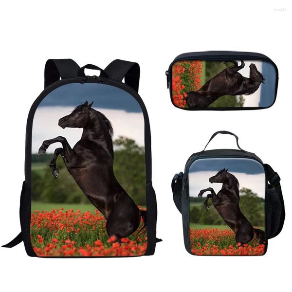 Schultaschen Tier Schwarz Weiß Pferd 3 Teile/satz Rucksack 3D-Druck Tasche Student Jungen Mädchen Buch Laptop Tagesrucksack Mittagessen Bleistift