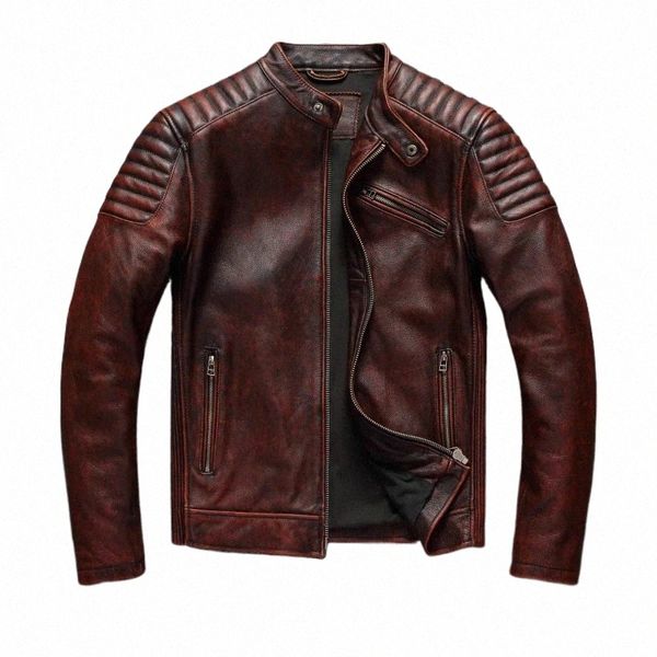 Retro Top Schicht Rindsleder Motorrad Lederjacke Rötlich Braun Leder Radfahren Anzug männer Slim Kurzmantel p2uh #