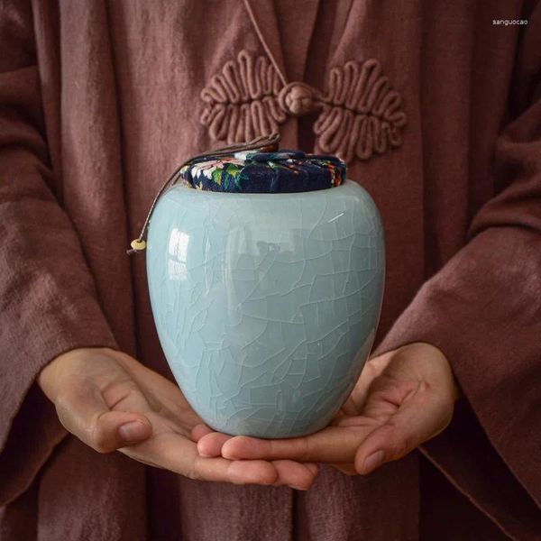 Garrafas de armazenamento azul rachado cerâmica bule de chá capa de pano à prova de umidade selado café doce jar porcelana cozinha recipiente de especiarias