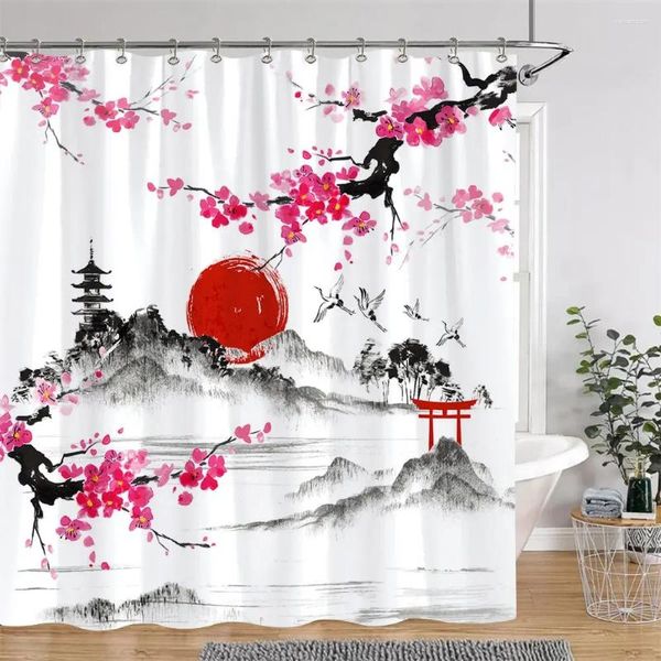 Tende da doccia Cinese giapponese Fiore di ciliegio Pittura a inchiostro Tenda Paesaggio Onde Arte Creativa Poliestere Bagno Bagno Decor