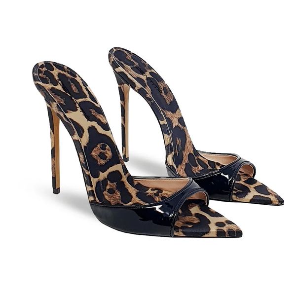 Cor misturada leopardo apontou toe super salto alto sandálias femininas tamanho grande deslizamento em chinelos nova moda ocidental sexy sapatos femininos