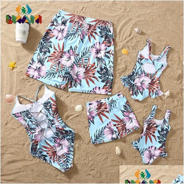 Família combinando roupas verão olhar swimwear sólido top e floral impressão shorts maiôs chegada para férias 230518 gota entrega dhsyl