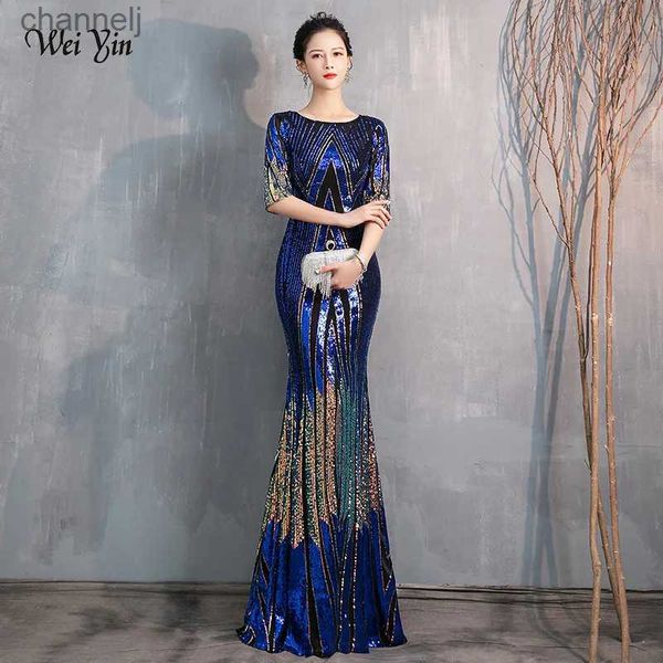Городские сексуальные платья wei yin AE0370 Синее вечернее платье с длинным блестящим коротким рукавом и круглым вырезом для женщин Элегантное вечернее платье русалки с пайетками yq240327