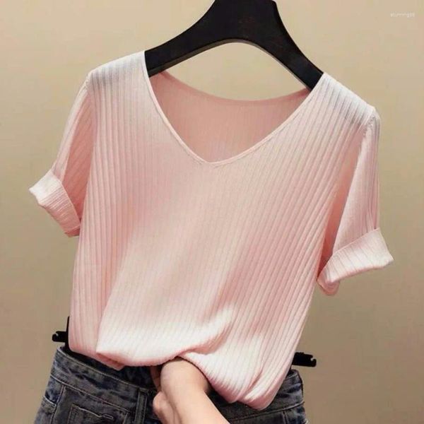 Mulheres Camisetas Rosa Beleza Verão Fino Ventilação Escritório Senhora Pano Mulheres Camisetas Tricô Colheita Manga Curta T-shirt Elástico Gelo Seda