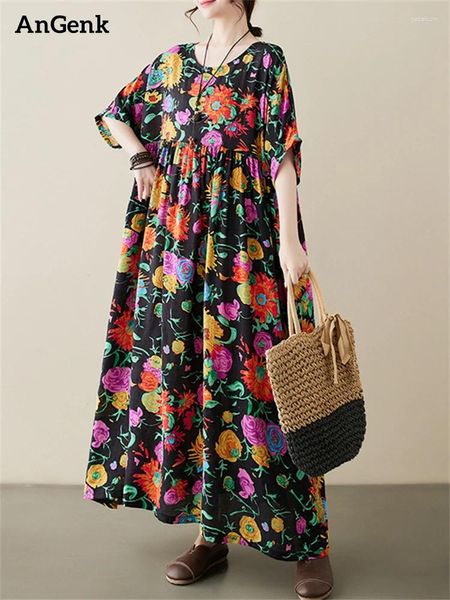 Бальные платья из хлопка с коротким рукавом и принтом в винтажном стиле для женщин, лето 2024, повседневное свободное длинное платье, Femme Robe, Vestidos, элегантная одежда