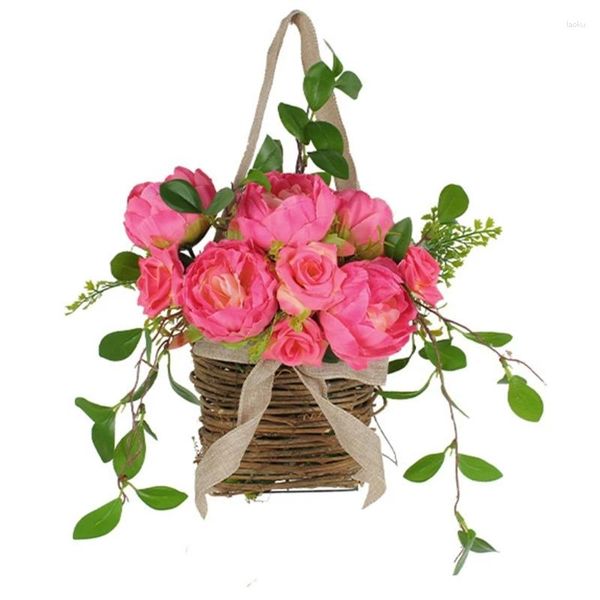 Flores decorativas k1mf rosa cestas de porta frontal guirlanda cabides de primavera simulações decorações de balde