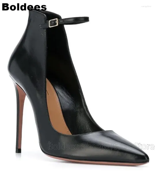 Kleid Schuhe Luxus Matte Schwarz Leder Spitze Zehen Schnalle Designer Stilettos High Heels Frauen Knöchel Riemen Braut Party Pumps