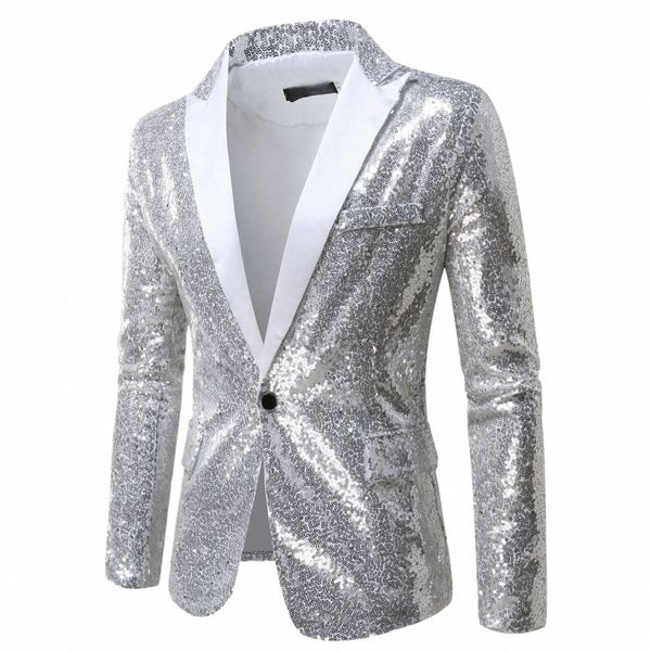 Uomini Shiny Paillettes Blazer Glitter Slim Fit One Butt Suit Jacket Party Prom Dr Night Club Costume di scena Maschile Tuxedo Suit Coat b6zX #