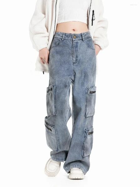 Jeans femininos perna larga solta carga algodão denim para mulheres meninas vintage y2k calças angustiadas com bolsos de zíper streetwear