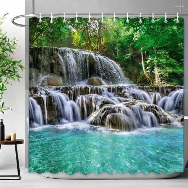 Duschvorhänge, Wald-Wasserfall-Vorhang, Outdoor, Natur, Landschaft, üppige Wälder, grüne Pflanzen, Blumenmuster, Polyester, Badezimmer-Dekor