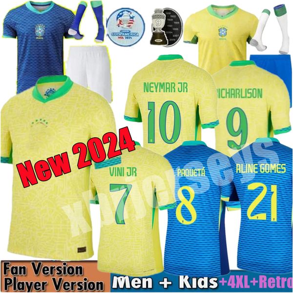 VINI Jr.22 2023 2024 Novo Brasil camisas de futebol L.PAQUETA NEYMAR Jr P.COUTINHO RIHARLISON camisa de futebol G.JESUS T.SILVA BRUNO G. PELE CASEMIRO homens mulheres crianças conjuntos jersey