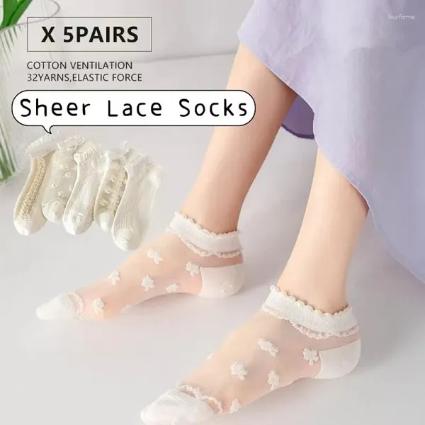 Meias femininas 5 pares tamanho livre branco ultrafino bonito transparente cristal seda renda elástica curta meia verão meninas