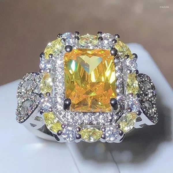 Anéis de cluster lindo quadrado amarelo cz para mulheres brilhante festa vintage feminino elegante acessórios de alta qualidade anel de noivado jóias