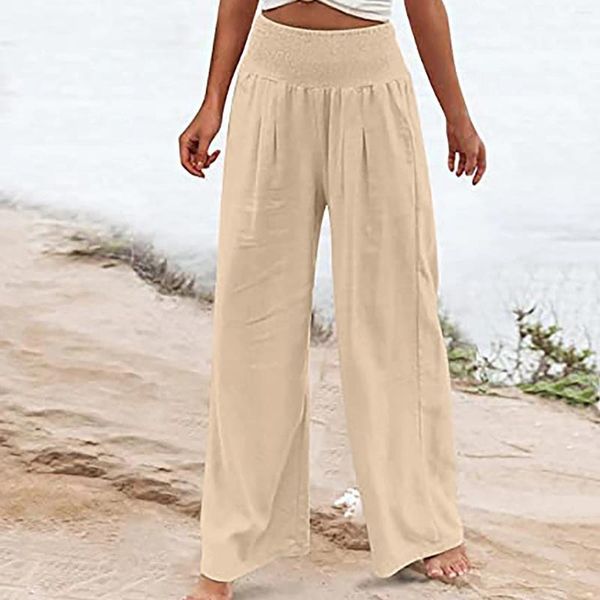 Pantaloni da donna Palazzo Donna Pantaloni larghi a vita alta a gamba larga Pantaloni da spiaggia alla moda Taglie forti con tasche Lady Pantalones