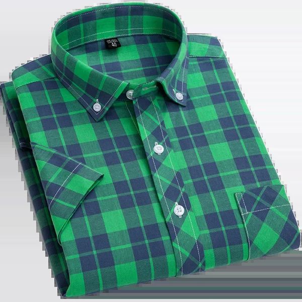 Мужские летние рубашки с коротким рукавом в повседневную клетку в Корейском стиле, стильные тонкие деловые рубашки из 100% хлопка, стандартный крой, большие размеры S ~ 6XL 240315