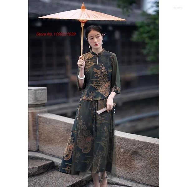 Этническая одежда 2024, традиционный китайский винтажный комплект, костюм улучшенного обслуживания, национальный цветочный принт, блузка Ципао, юбка, народная уличная одежда