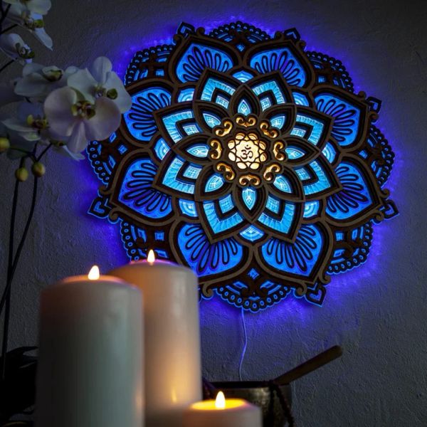 Sculture Ornamento Appeso a parete Atmosfera Mandala Lotus 3D Home Decor Sala Yoga Lampada a LED Luce notturna Camera da letto piatta USB Cambia colore