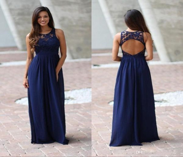 2019 Azul Marinho Lace Top Vestidos de Dama de Honra Jewel Neck Backless Chiffon Ilusão Até O Chão Longo Júnior Vestido de Convidado de Casamento Custo8011493