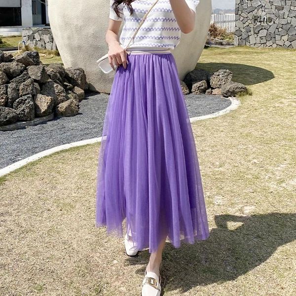 Röcke Plissee Mesh Frauen Casual Elastische Hohe Taille Lila Damen Mode Swing Mid-Kalb Party Langen Rock Korea Frühling sommer