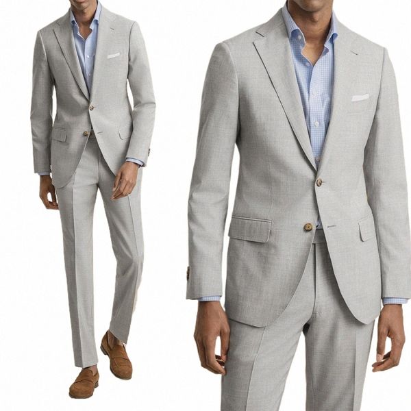 Abiti da uomo grigio chiaro su misura 2 pezzi Blazer Pantaloni monopetto da sposa con risvolto a punta formale Slim Custom Made Plus Size q4FC #