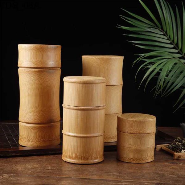 Garrafas de armazenamento frascos de bambu natural caixa de armazenamento de alimentos chá porca caixa de armazenamento de especiarias chá vasilha organizador ecológico jar cozinha recipientes 240327