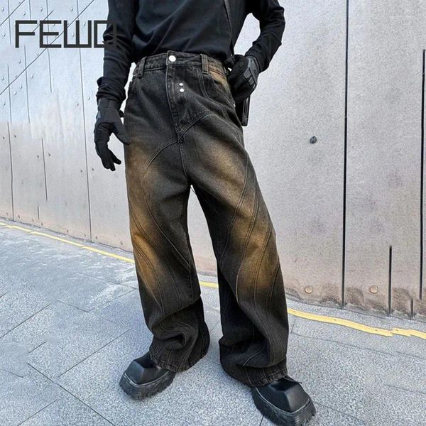 Männer Jeans FEWQ Denim Hosen Sommer Kontrast Farbe Männliche Hosen Gebleichte Split Niet Lose 2024 Mode Flut Gerade Zipper 9C5219